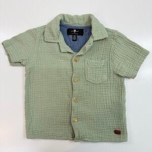 7 for All Mankind Baby Boy Gauze Button Up Shirt Green Short Sleeve 24m